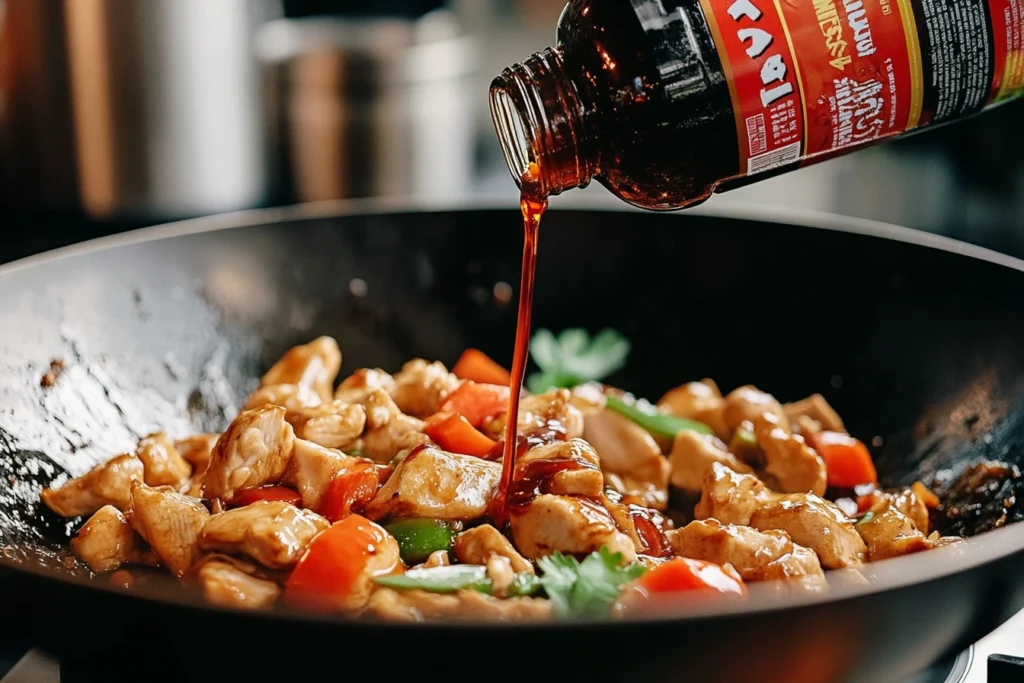 Adding Kikkoman sauce to stir fry	