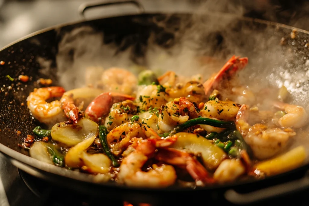 Wok stir-fry cooking with sauce